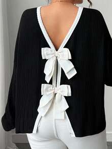 SHEIN CURVE+ 女式 V 领针织开衫，后背双蝴蝶结，长袖上衣，适合秋季穿着 - 黑色 - 查看 8