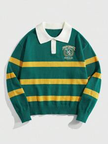 ROMWE MEN Prep 男式 Polo 领学院风徽章条纹针织毛衣，学院风青春时尚，秋冬 - 綠色 - 查看 1