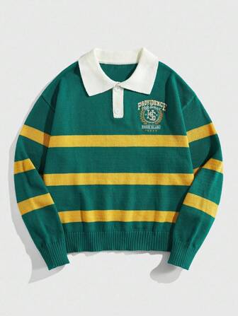 Prep Suéter de punto con cuello polo, estilo de insignia de estilo universitario, moda juvenil de colegio, otoño e invierno