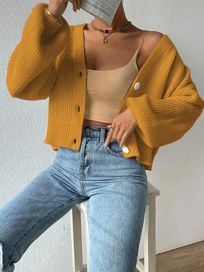 EURMUSE Casual Solid Color Lantern Sleeve Cropped Cardigan