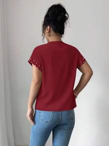 Elenzga Camiseta Feminina de Gola Redonda e Manga Curta Preta com Pérolas Bubble - Vinho - Visão 2