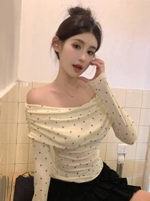 DAZY 女士露肩波点韩版优雅长袖T恤，春秋季 - 杏色 - 查看 4