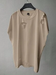 Claim Dot Men's Solid Color Crewneck Distressed Casual Tank Top For Summer,Oversized,Summer Ripped Tshirt Men Distressed T Shirt Men Drop Shoulder T Shirt Men Cut Off Sleeve T Shirt Men Beige T Shirt Men