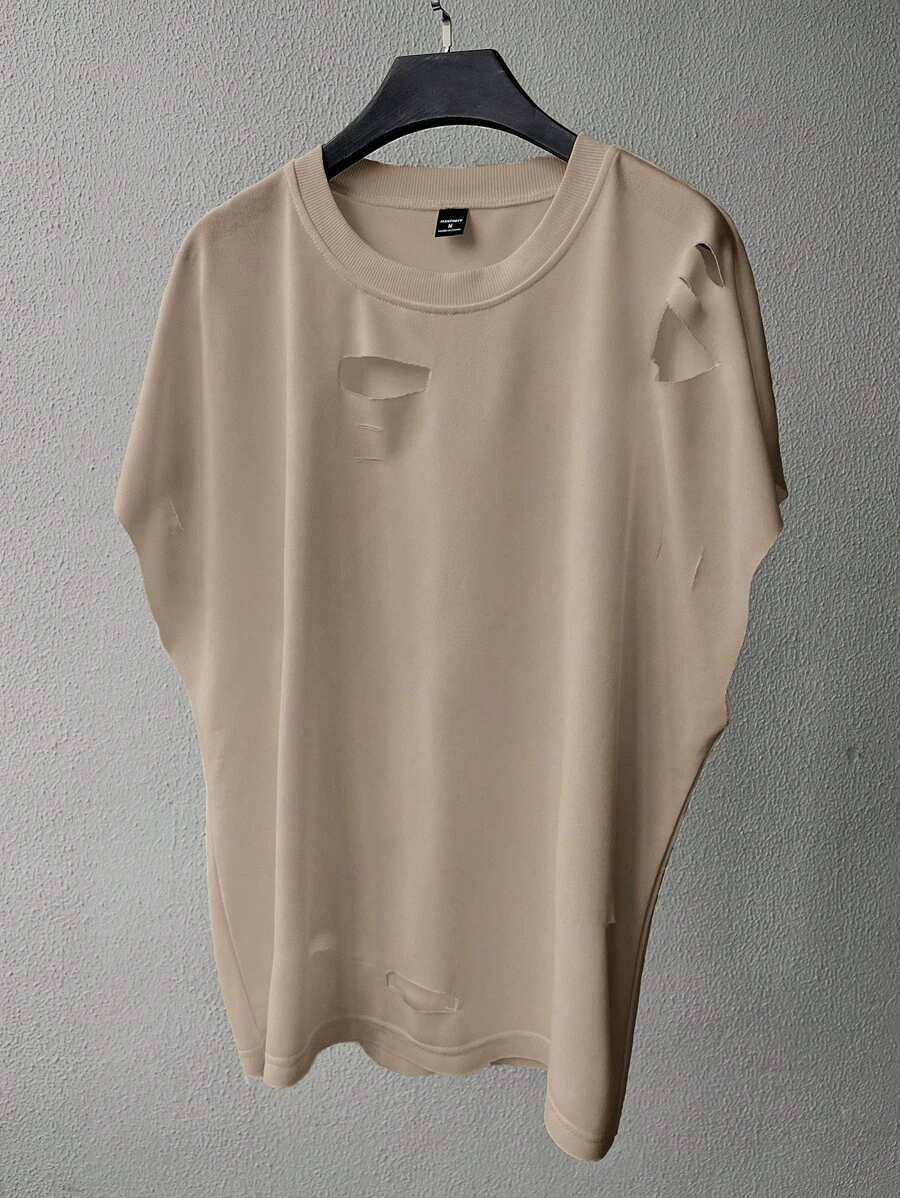 Claim Dot Men's Solid Color Crewneck Distressed Casual Tank Top For Summer,Oversized,Summer Ripped Tshirt Men Distressed T Shirt Men Drop Shoulder T Shirt Men Cut Off Sleeve T Shirt Men Beige T Shirt Men