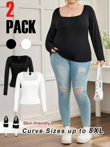 SHEIN CURVE+ Curves 大码/学校服装/返校服装/返校 2 件/套装大码女式方领紧身长袖休闲黑白 T 恤套装，百搭女士春秋季基本款上衣大码黑色上衣大码长袖上衣方领上衣大码女式上衣大码纯色上衣女式秋季服装，冬季，CURVE PLUS - 黑與白 - 查看 8