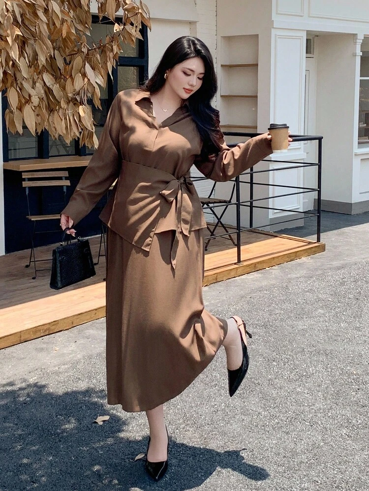 Dazy Plus 2pcs/Set Solid Color Tie-Waist Loose Long Sleeve Shirt & Skirt, Business Casual Commuter Outfit For Plus Size Women