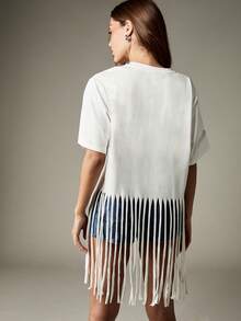 MISSGUIDED Mykonos Paradise Beach Evil Eye Fringe T Shirt Summer Beachwear Mediterranean Festival Oversized Tassel Hem Graphic Resort Top Holiday Travel Souvenir Tee