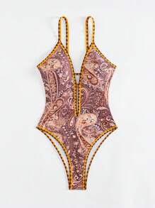 Swim Vcay Traje de baño de una pieza con estampado aleatorio, escote halter y espalda descubierta, que estiliza la figura, para vacaciones de verano en la playa - Multicolor - Ver 5