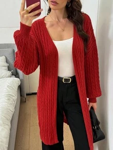 Easowa Red Casual Solid Color Mid-Length Cardigan, Autumn/Winter Red Cardigan Women Long Red Cardigan Red Cable Knit Cardigan Women Red Sweater Long Sweaters For Women Red Knit Cardigan Christmas Sweater Women's Winter Sweater Women's Winter National Day New Year Women's