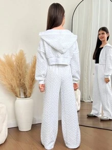 SHEIN Tween Girl Loose Casual Minimalist Comfortable Hoodie And Pants Set Fall Winter - White - View 2