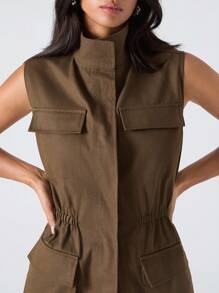 LYSMO 女士秋冬纯色单排扣工装口袋休闲无袖薄款夹克 - 棕色 - 查看 7