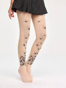 ROMWE Grunge Punk 1 Pair Gothic Style Spider Web Tights, Suitable For Pairing With Dresses - Khaki - View 4