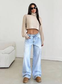 EURMUSE 休闲低腰阔腿淡蓝色 90 年代牛仔裤 - 中等水洗藍 - 查看 4