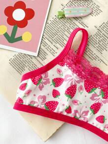 FamilyFrolics Lencería linda con estampado de fresa en todo el diseño, con parches de encaje y contraste de colores para niña joven