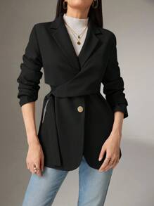 Heiryn Áo khoác blazer nữ tay dài ve áo màu trơn thắt nút bên hông, trở lại trường vào mùa thu/đông - màu đen - Xem 3