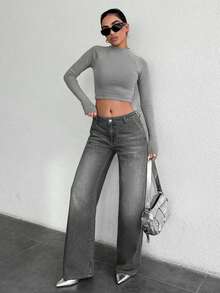 EURMUSE Pantalones vaqueros rectos de ajuste holgado y casual de 100% algodón con bolsillos para uso diario de mujeres - Gris Claro - Ver 3