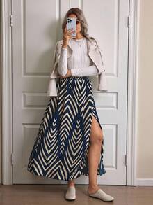 女式松紧腰侧开衩假日休闲半身裙（随机印花）女式长裙 - 彩色 - 查看 7