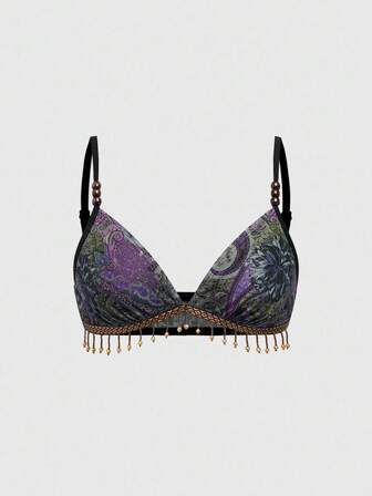 Débardeur femme bohème d'été de vacances, style rétro hippie western avec décoration de perles en bois et franges, imprimé cachemire. Peut être assorti avec une jupe ou un pantalon