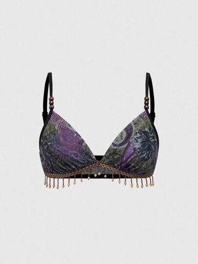 Débardeur femme bohème d'été de vacances, style rétro hippie western avec décoration de perles en bois et franges, imprimé cachemire. Peut être assorti avec une jupe ou un pantalon