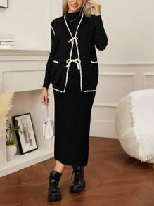 SHEIN 孕妇拼色毛衣背心，宽松版型，带口袋，开襟外套 - 黑與白 - 查看 7