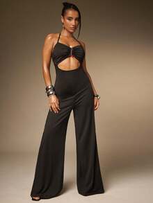 Hauture 性感夏季休闲中心石装饰细节镂空吊带背心阔腿连体裤 - 黑色 - 查看 1