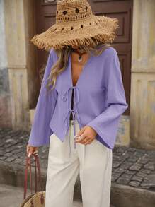 Brillora Woven Solid Color Flared Long Sleeve Loose Regular Fit Ladies Blouse - Mauve Purple - View 1