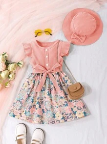 SHEIN Vintaside Kids Vestido estampado floral para niña joven con ribete de volantes y cinturón, y sombrero a juego - Rosa - Ver 1