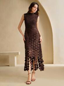 Anewsta Đầm nữ không tay cổ đứng thắt eo tua rua trang trí phong cách nghỉ mát, thích hợp cho Ngày Nhà giáo - màu nâu - Xem 5