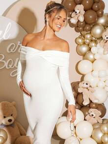 Loomaby Elegant Solid Color Off Shoulder Fitted Maternity Knit Dress,Gender Reveal Dress,Maternity Dress,Baby Shower Dresswhite Long Sleeve Maternity Dress - Beige - View 7