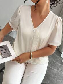 SHEIN Clasi Plus Size Summer Elegant Ruffle Puff Sleeve Blouse - Apricot - View 3
