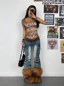 StreetHx Áo thun nữ tay ngắn cổ chữ V in chữ màu xanh đính đá trang trí phong cách đường phố thường ngày, Xuân/Hè - màu nâu - Xem 2