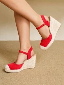 Styleloop 女式帆布厚底凉鞋，踝带设计，厚底，轻便，适合派对、婚礼、日常穿着、度假、波西米亚风格、秋季 - 紅色 - 查看 2