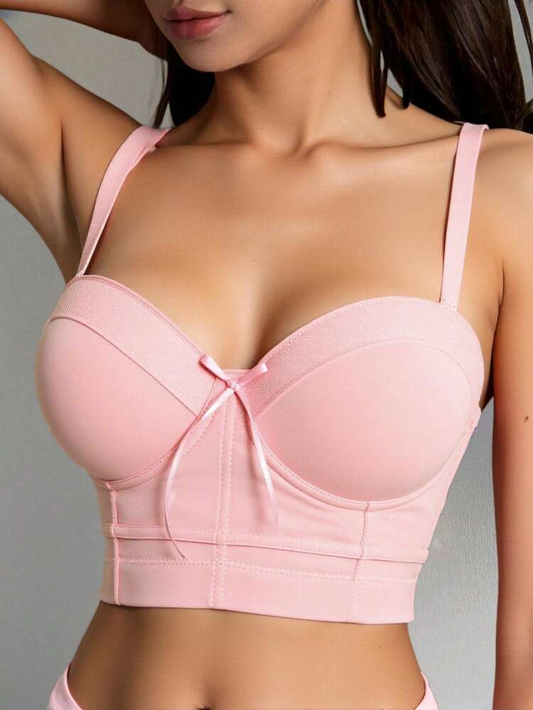 Solid Color Lightly Gathered Bowknot Adjustable Spaghetti Strap Women's Bra Lingerie For Women