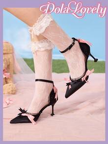 Dola Lovely Chaussures à talons hauts à bout pointu pour femmes avec décoration de nœud mignon, style Lolita élégant, convient pour Halloween, Noël, Thanksgiving - Noir - Voir 1