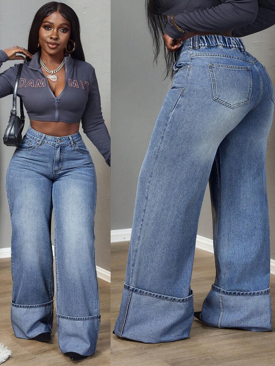 SHEIN CURVE+ 大码休闲水洗高腰阔腿牛仔裤 - 藍色 - 查看 1