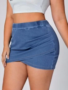 Flexra Váy mini denim ôm sát cơ thể xếp nếp màu trơn cỡ lớn - Màu xanh lam - Xem 6