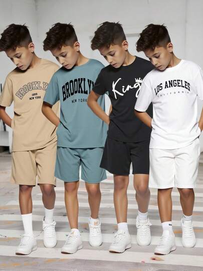 SHEIN 8pcs/Set Tween Boy Casual Loose Letter Pattern Crew Neck T-Shirt And Shorts Clothes Set, Suitable For Commuting, School, Daily Use, Sports Activities, Spring/Summer