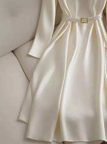 Franclia French Gentle Commuting Temperament Round Neck With Belt White High-End Solid Color Back To School Women's White Dress Elegant Female Dress Autumn Dress SummerHoliday Sunny Journey Vacay Vibes All White Clothes For University Fall Cloth For Women - White - View 4