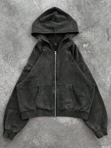 Manfinity EMRG 男士休闲破洞拉链连帽衫，秋季 - 黑色 - 查看 3