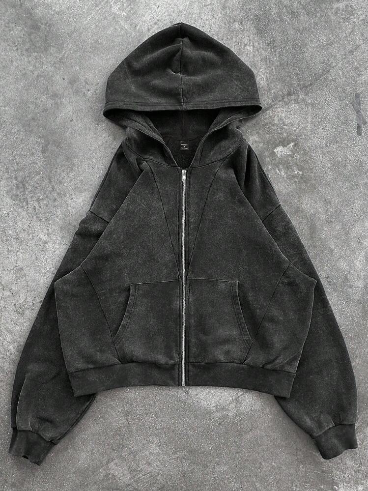 Manfinity EMRG 男士休闲破洞拉链连帽衫，秋季 - 黑色 - 查看 3