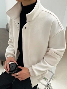 Claim Dot Áo khoác nam dài tay màu trơn có khóa kéo, dáng rộng, thường ngày, áo khoác nam có khóa kéo, áo khoác trắng, áo khoác nam màu kem, áo khoác len nam, phong cách Old Money - Màu be - Xem 1