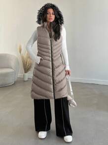 EURMUSE Casaco De Inverno Feminino Longo Com Capuz, Sem Mangas, Com Zíper Frontal - Bege - Ver 4
