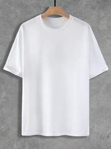 Manfinity Homme Loose Fit Men's Solid Color Round Neck Short Sleeve Casual T-Shirt - White - View 3