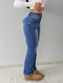 SHEIN Tall Quần Jeans Nữ Quần Jeans Nữ Màu Xanh Quần Jeans Nữ Mùa Đông Quần Jeans Nữ Ấm Áp Quần Jeans Nữ Cao Quần Jeans Mùa Đông Quần Denim Giữ Nhiệt Teddy Quần Denim Teddy Giữ Nhiệt Lông Cừu Mềm - Rửa nhẹ - Xem 3