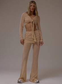 MUSERA Long Sleeve Ribbed Tie Front Cropped Cardigan Casual Airport Loungewear Back To School Fall Spring Summer - Baby Blue - View 5