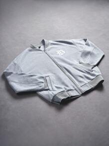 Manfinity Sporsity Men's Letter Print Long Sleeve Zipper Front Casual Baseball Jacket , Grey Zip Up Jacket, Grey Varsity Jacket, Fall/Winter