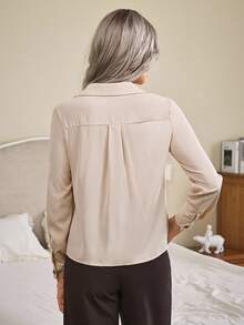 EMERY ROSE Solid Collared Button Up Flap Pocket Shirt,Long Sleeve Tops - Beige - View 2