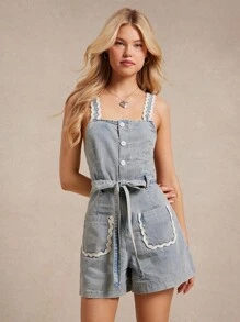 WESTFADE 肩带纽扣前领结腰带 Ric Rac 波浪边棉混纺牛仔无袖连体衣夏季波西米亚牛仔女郎纳什维尔乡村音乐会 - 淺色水洗藍 - 查看 6