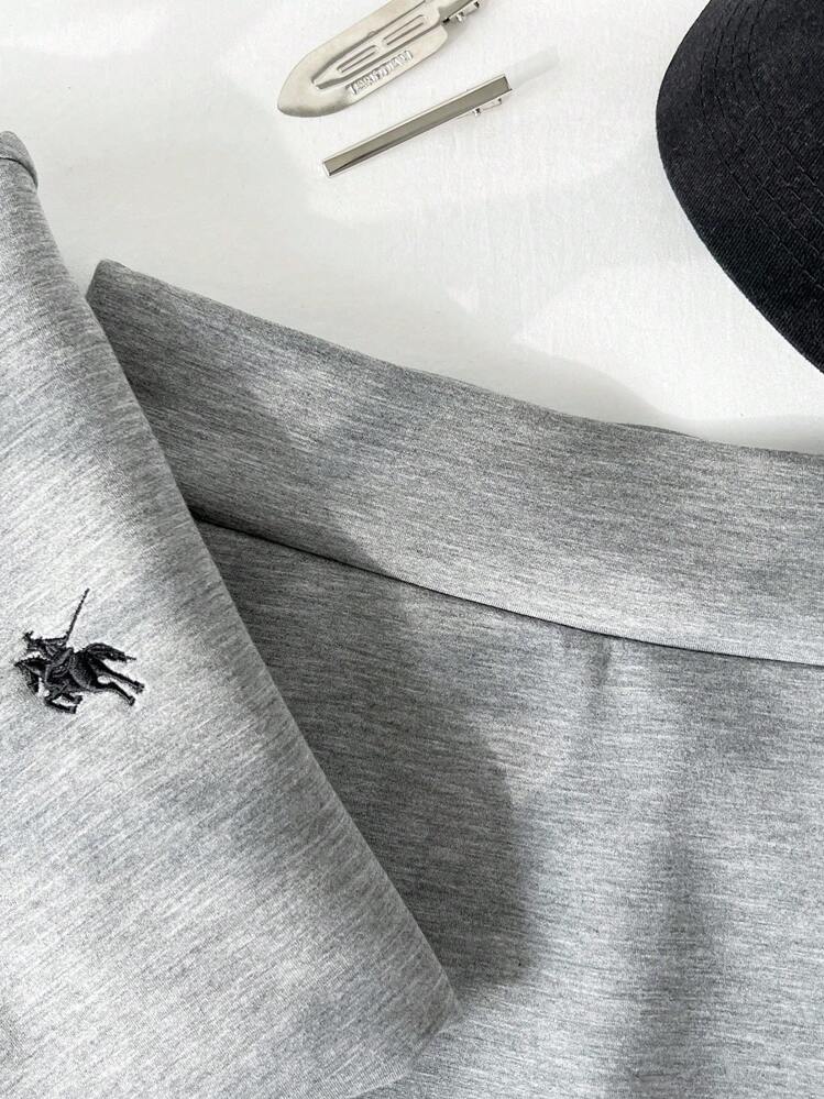 Elamini Women's Casual Minimalist Polo Collar Horse Embroidery Fitted T-Shirt + Mini Low-Waist Skirt Pants Set - Grey - View 7