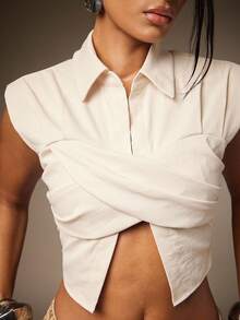 Hauture 女士性感休闲垫肩无袖衬衫交叉设计夏季上衣 - 杏色 - 查看 4